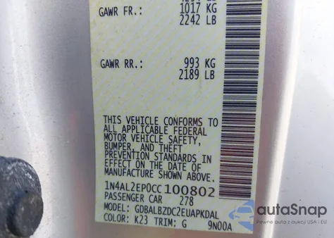 2012 Nissan Altima 2.5 S z USA, uszkodzony, nr VIN 1N4AL2EP0CC100802